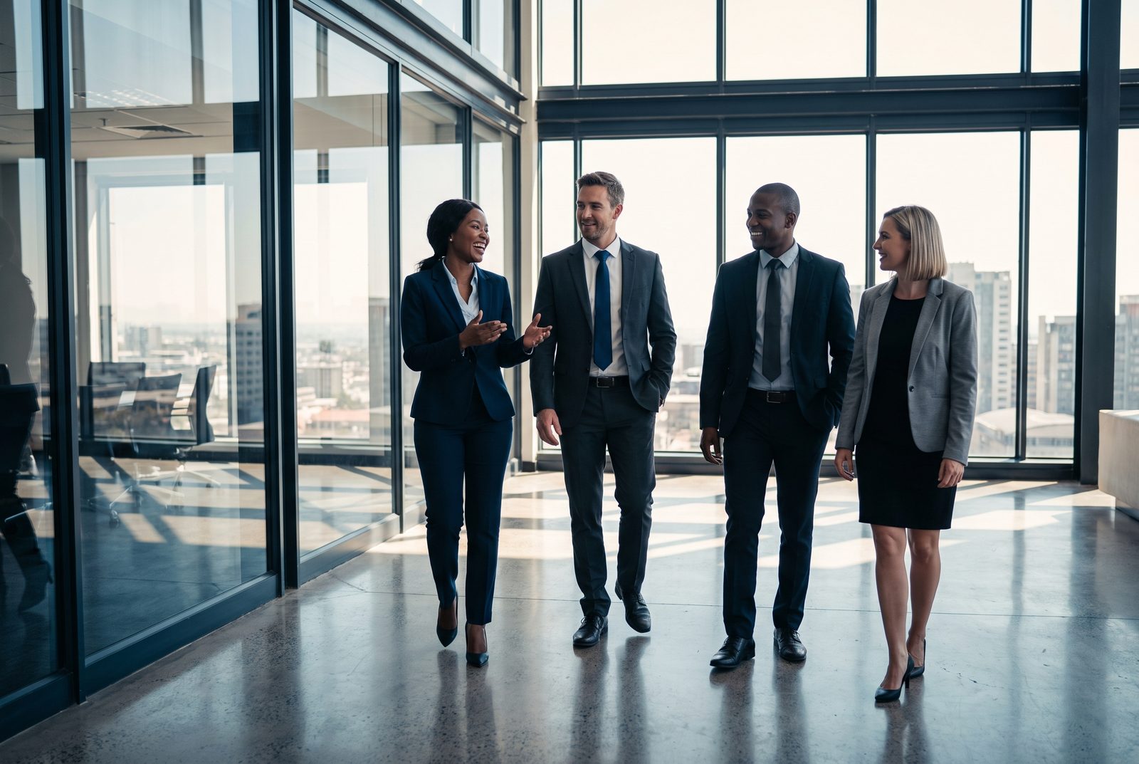 A business team in formal attire walking through their office together