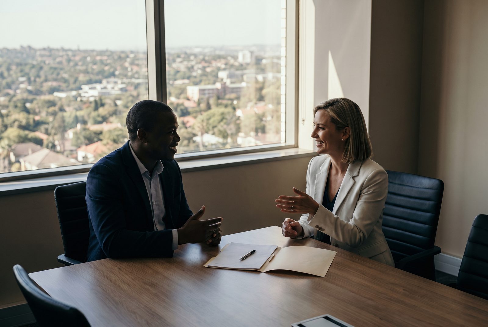 Two advisers in conversation at a meeting table with Johannesburg in the window behind them
